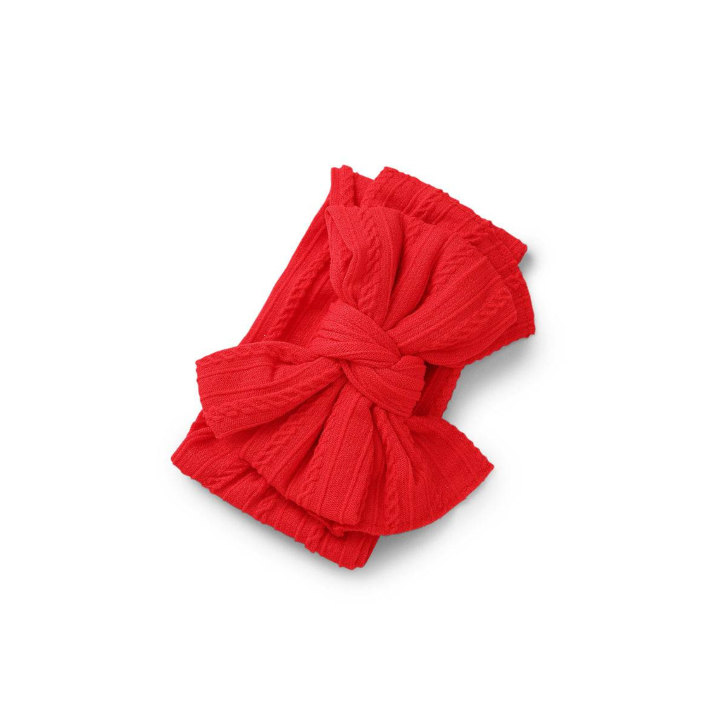 Strawberry red nylon ear detail baby headband with bow detail — Bowie Double Bow Headband on white background