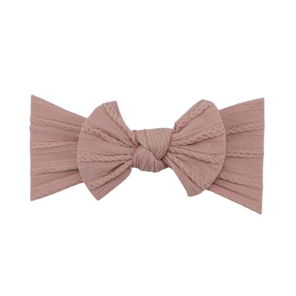 Blush pink nylon ear detail baby headband with bow detail — Bowie Single Bow Headband on white background