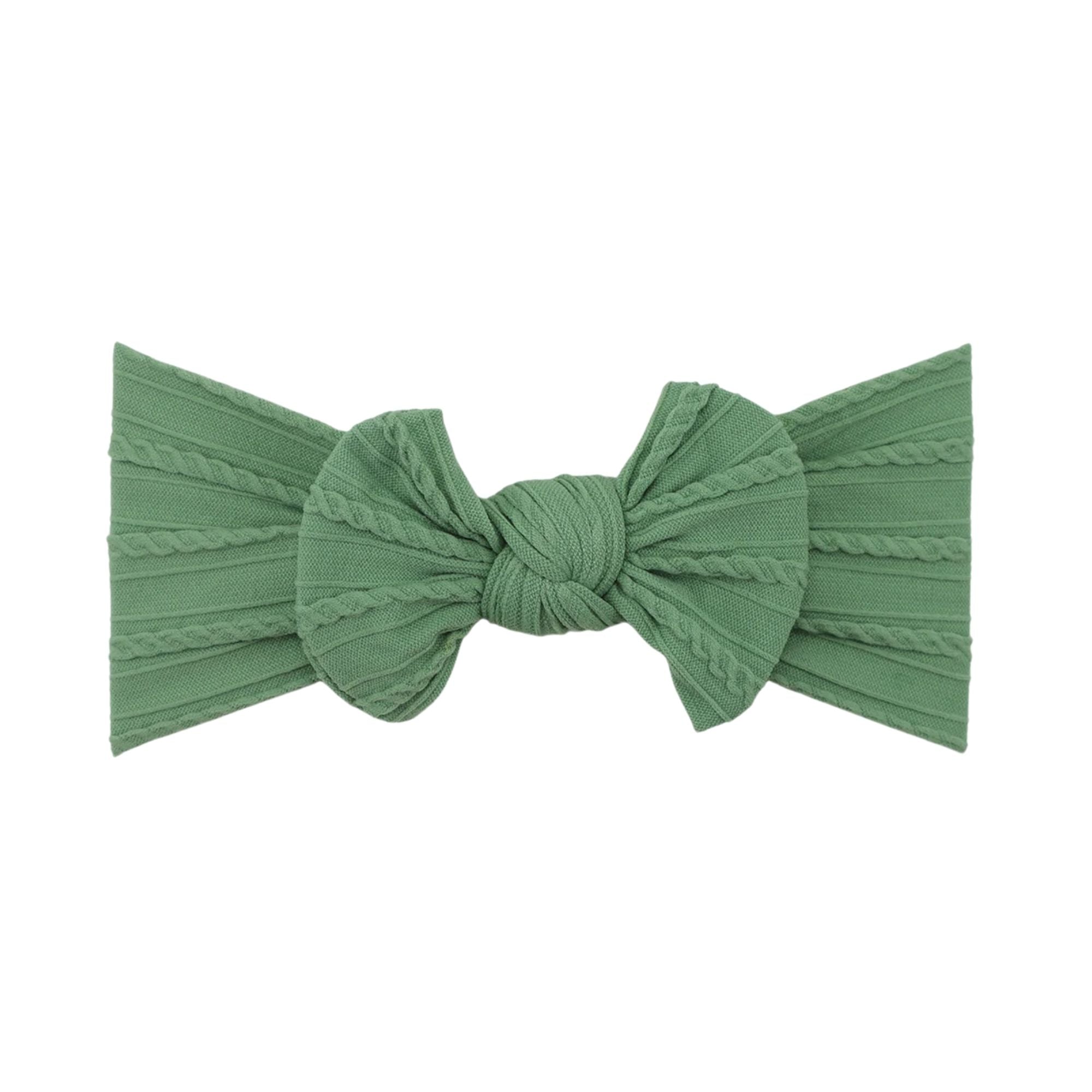 Fern green nylon ear detail baby headband with bow detail — Bowie Single Bow Headband on white background