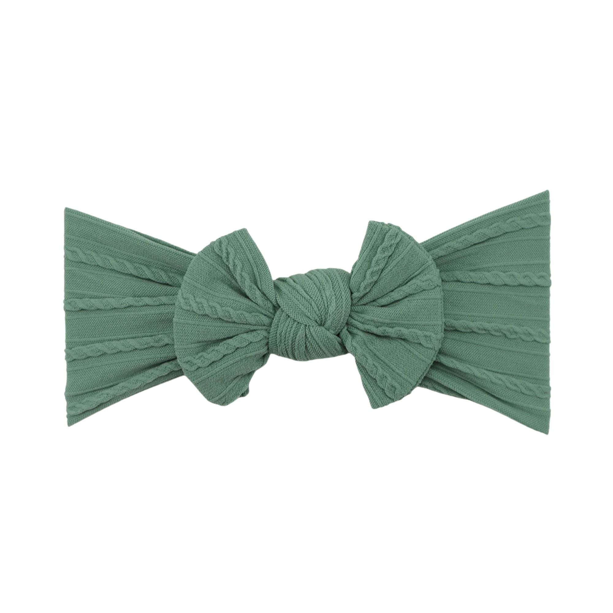 Forest green nylon ear detail baby headband with bow detail — Bowie Single Bow Headband on white background