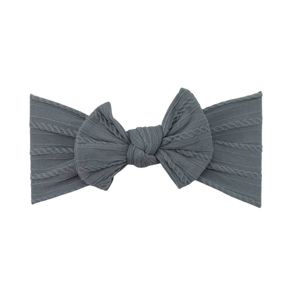 Grey nylon ear detail baby headband with bow detail — Bowie Single Bow Headband on white background