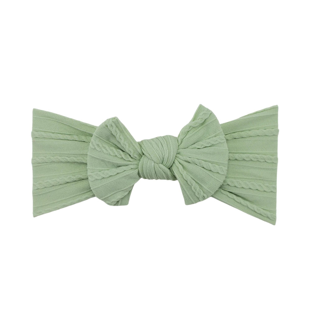 Laurel green nylon ear detail baby headband with bow detail — Bowie Single Bow Headband on white background