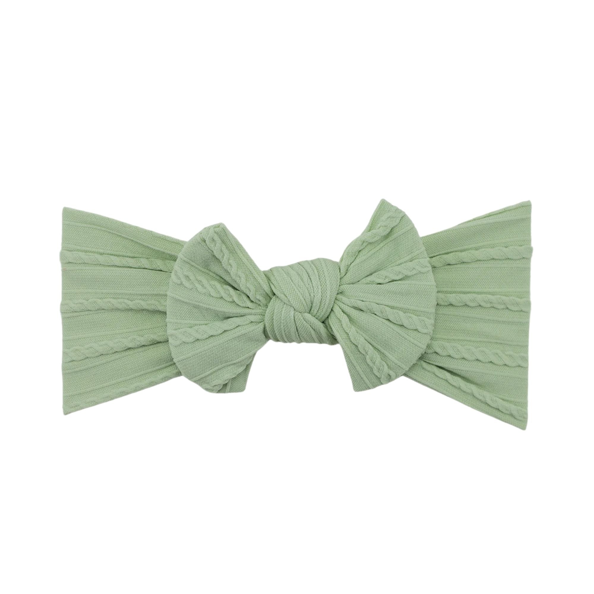 Laurel green nylon ear detail baby headband with bow detail — Bowie Single Bow Headband on white background