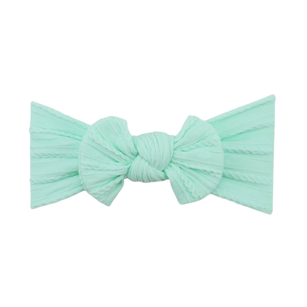 Mint green nylon ear detail baby headband with bow detail — Bowie Single Bow Headband on white background