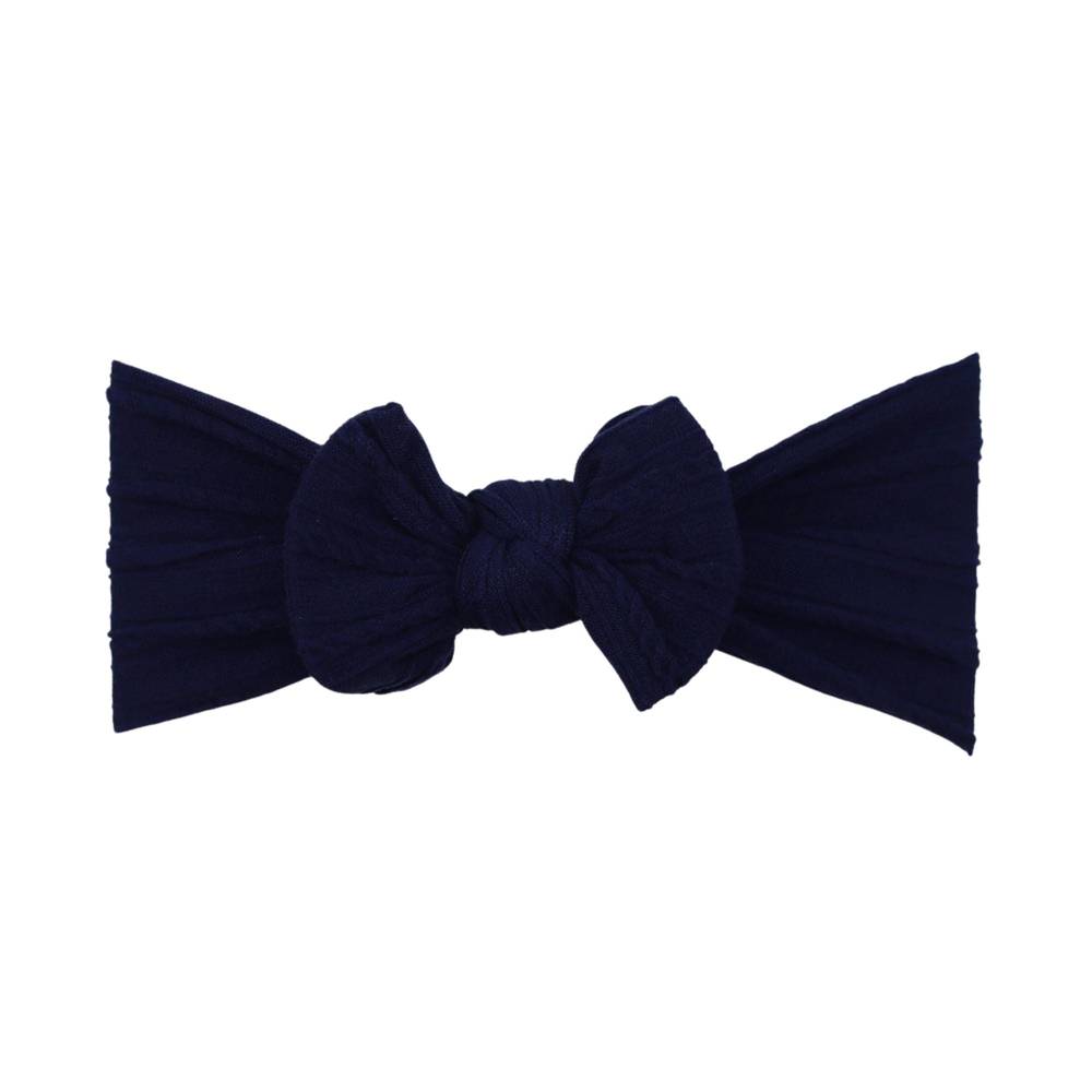 Navy blue nylon ear detail baby headband with bow detail — Bowie Single Bow Headband on white background