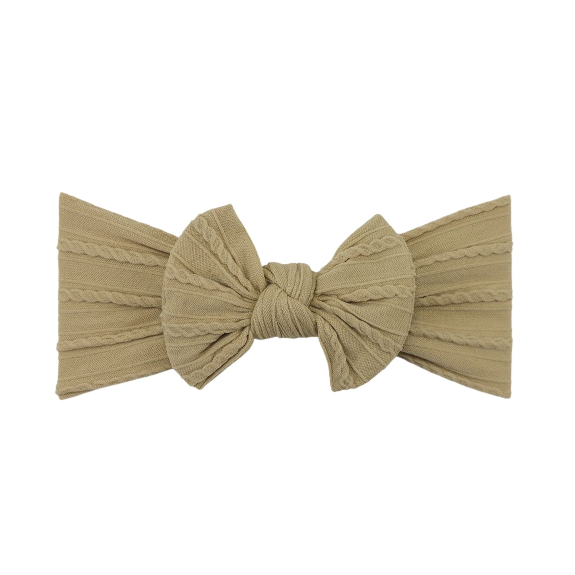 Oat nylon ear detail baby headband with bow detail — Bowie Single Bow Headband on white background