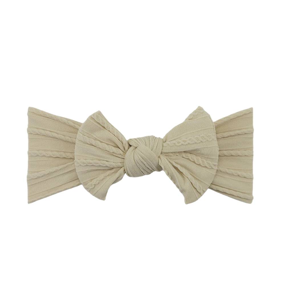 Sand nylon ear detail baby headband with bow detail — Bowie Single Bow Headband on white background
