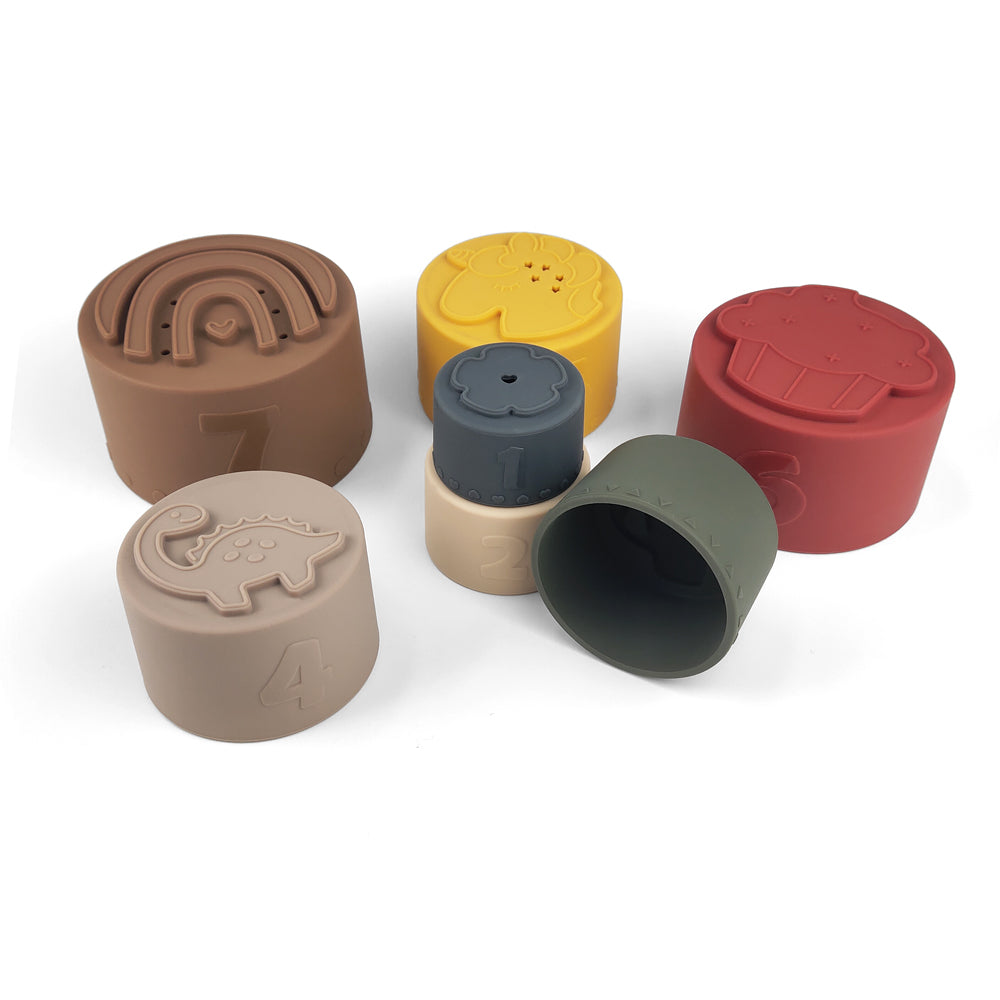 Silicone Baby Stacking Cups Bath & Beach in Earthy — close-up showing silicone texture and craftsmanship
