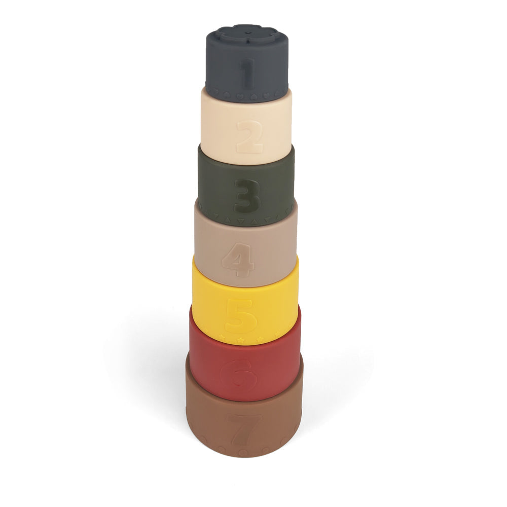 Baby wearing earthy baby hat — Silicone Baby Stacking Cups Bath & Beach