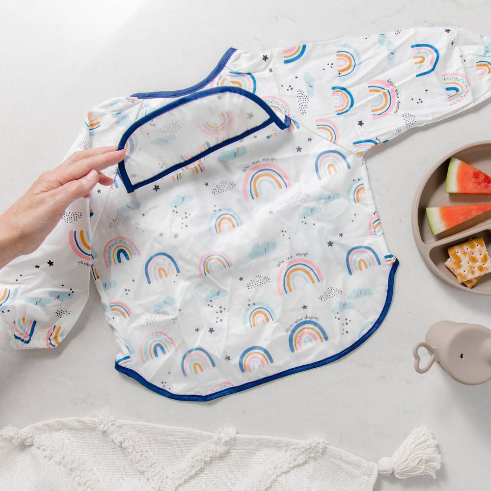 Over the Rainbow Waterproof Baby Smock Bib Long Sleeve — cat baby bib showing face and soft texture