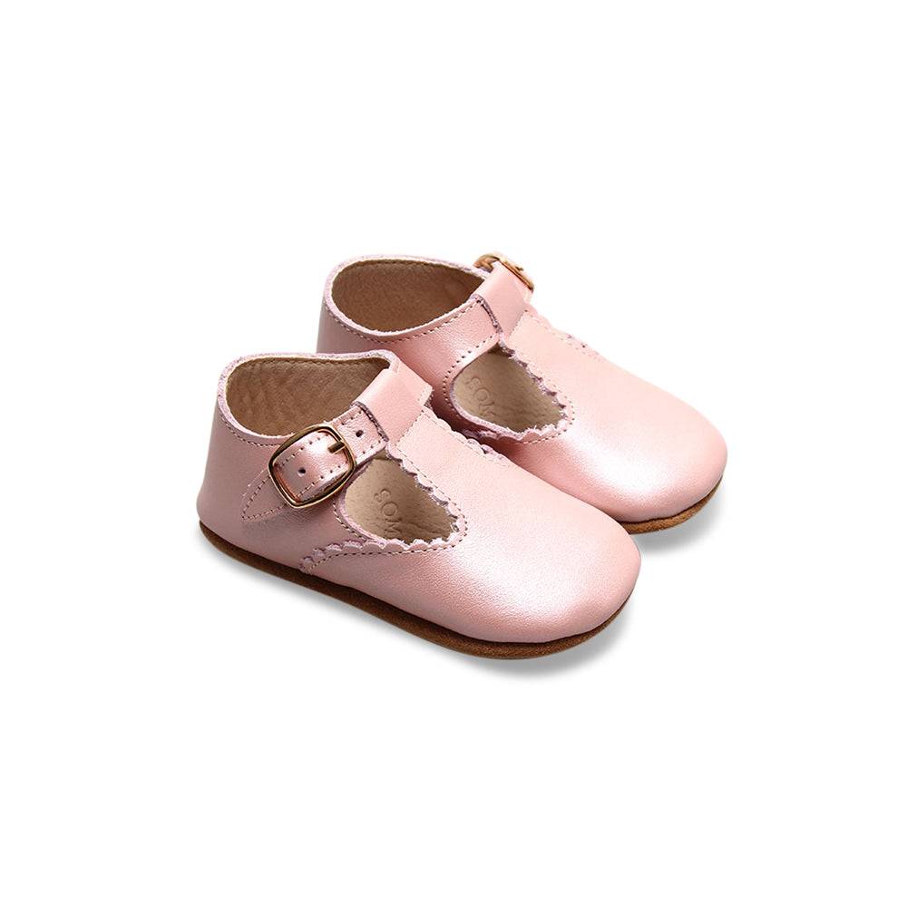 Ballerina Pink Leather Baby T Bar Shoe — close-up showing lace texture and craftsmanship