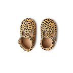 Cheetah Calf Hair Leather Baby T Bar Shoe — close-up showing lace texture and craftsmanship
