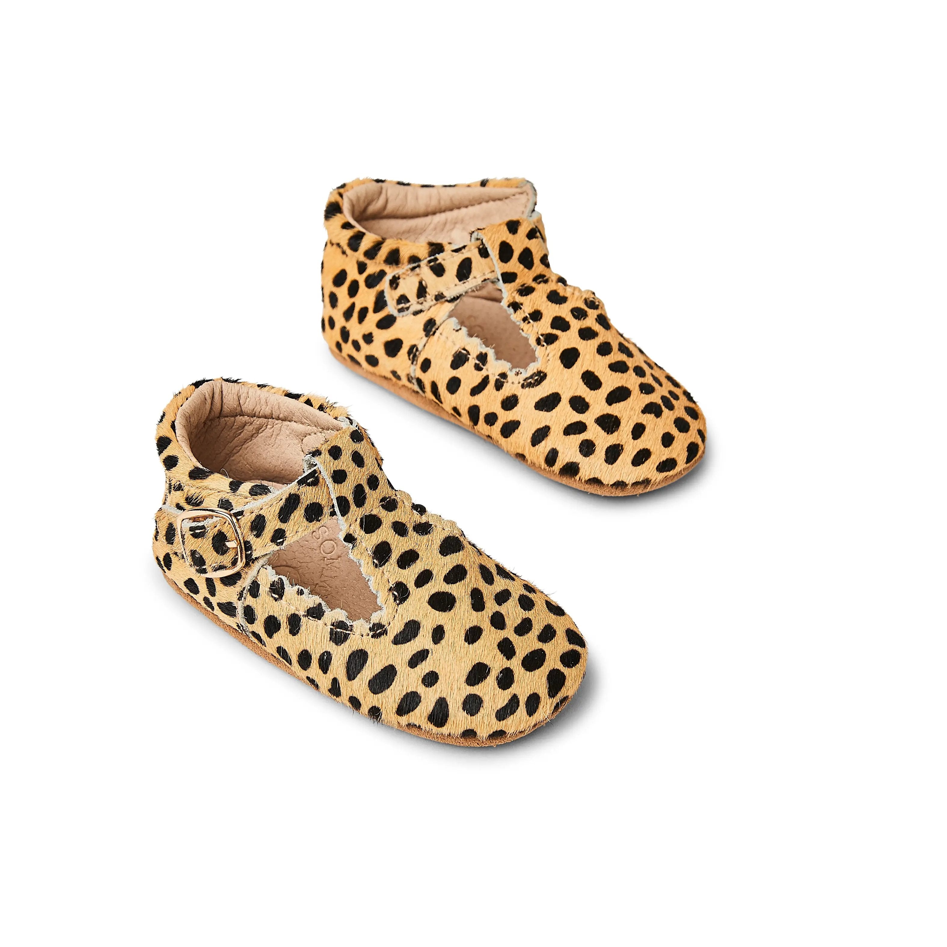 Cheetah Calf Hair Leather Baby T Bar Shoe — baby shoes styled flat lay with nursery accessories