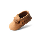 Chipmunk Baby Fringed Moccasin Shoe — baby shoes styled flat lay with nursery accessories