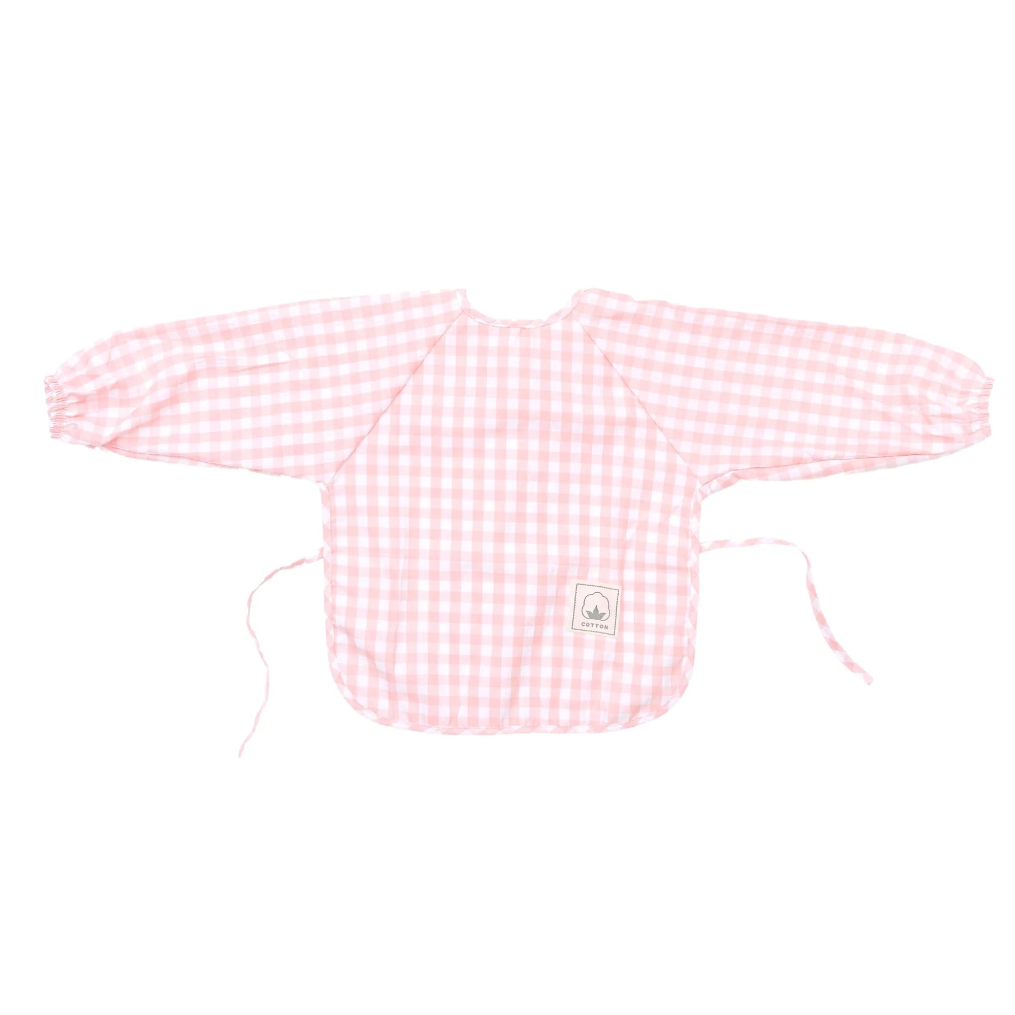Gingham ear detail baby bib — Flamingo Gingham Waterproof Baby Smock Bib Long Sleeve on white background