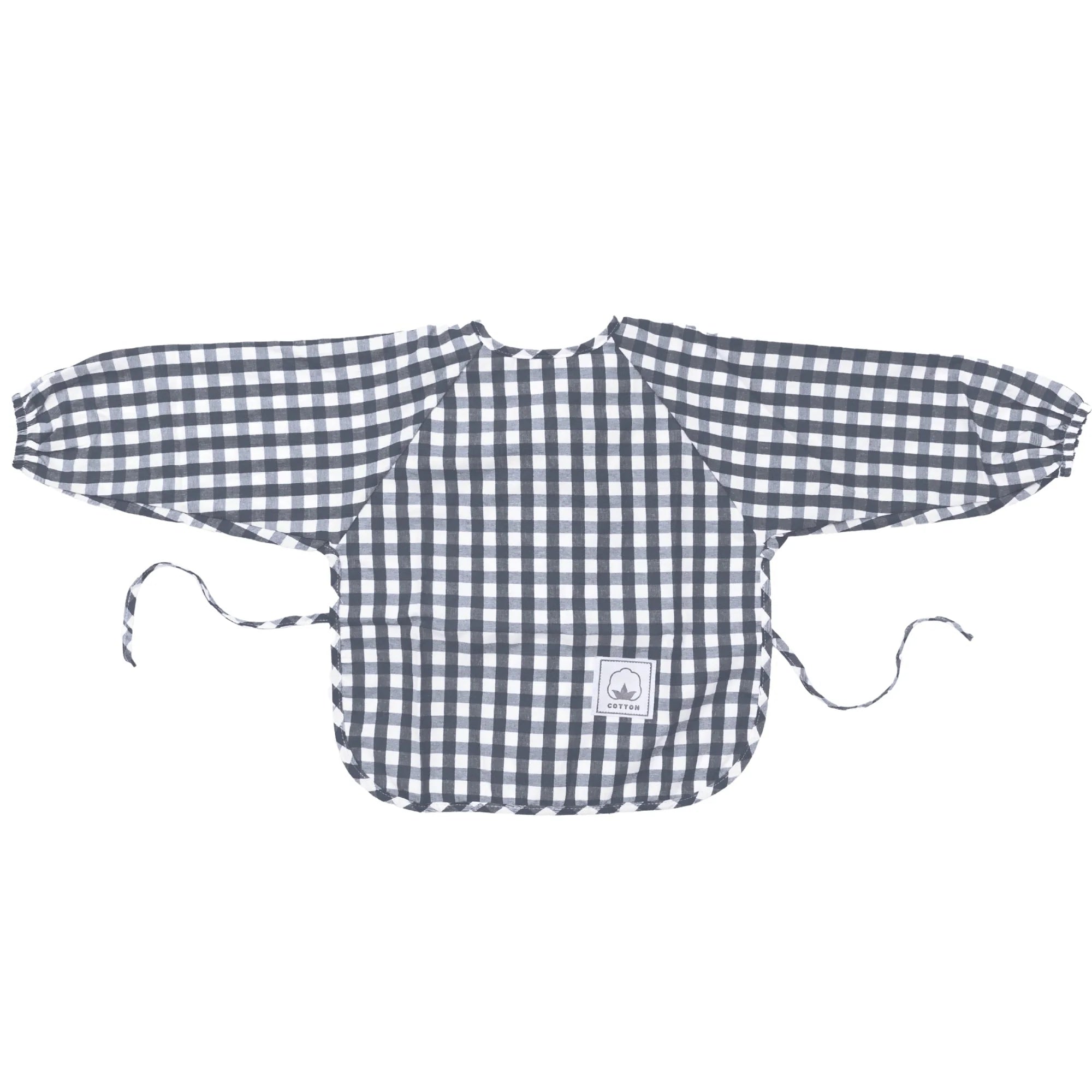 Gingham ear detail baby bib — Dark Blue Gingham Waterproof Baby Smock Bib Long Sleeve on white background