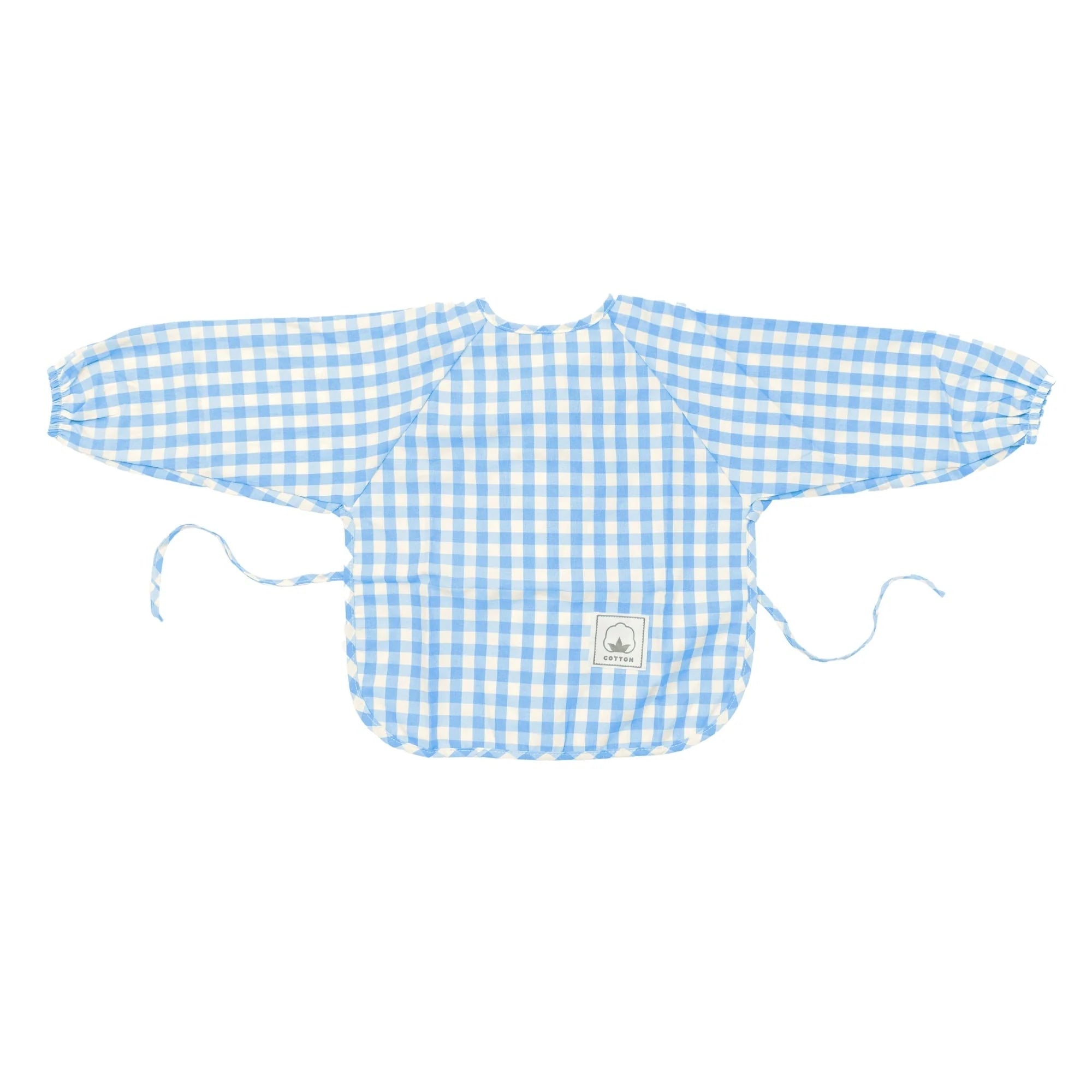 Gingham ear detail baby bib — Pale Blue Gingham Waterproof Baby Smock Bib Long Sleeve on white background