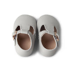 Cloud Grey Leather Baby T Bar Shoe — close-up showing lace texture and craftsmanship