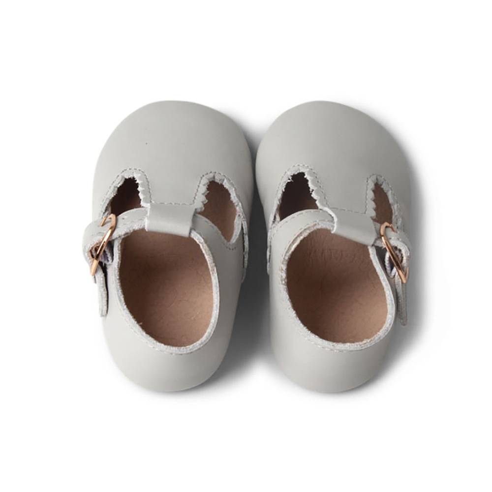 Cloud Grey Leather Baby T Bar Shoe — close-up showing lace texture and craftsmanship