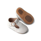 Baby wearing baby shoes — Cloud Grey Leather Baby T Bar Shoe