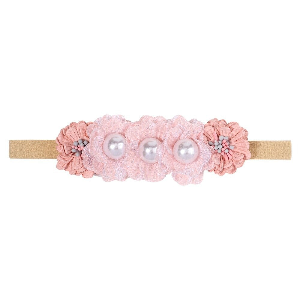 Lace floral baby headband — Delicate Baby Flower Crown with Pearls: Flower Girl Headband on white background