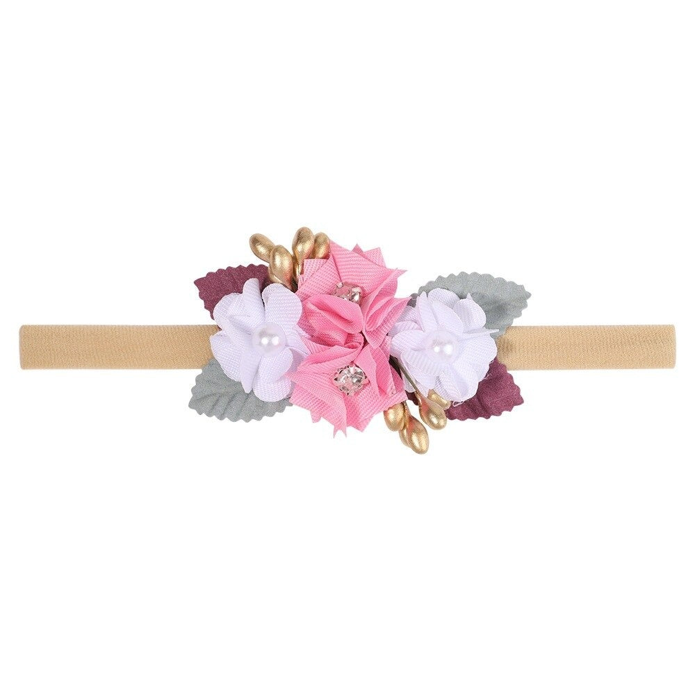 Lace floral baby headband — Delicate Baby Flower Crown with Pearls: Flower Girl Headband on white background