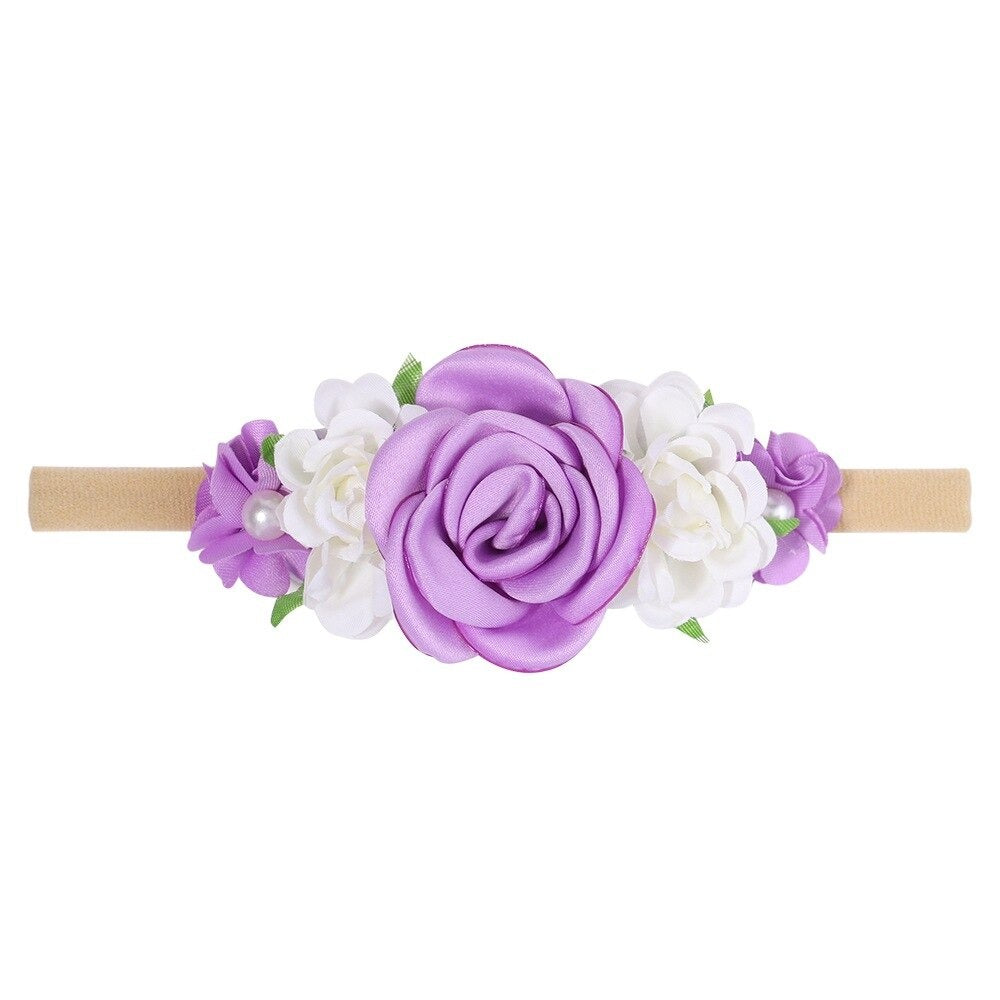 Lace floral baby headband — Delicate Baby Flower Crown with Pearls: Flower Girl Headband on white background