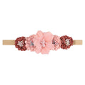 Lace floral baby headband — Delicate Baby Flower Crown with Pearls: Flower Girl Headband on white background