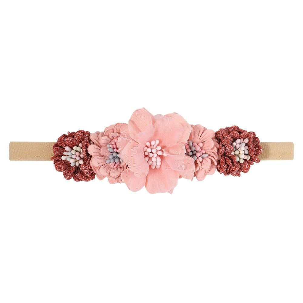 Lace floral baby headband — Delicate Baby Flower Crown with Pearls: Flower Girl Headband on white background