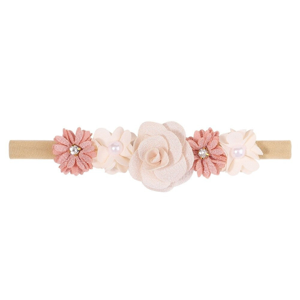 Lace floral baby headband — Delicate Baby Flower Crown with Pearls: Flower Girl Headband on white background