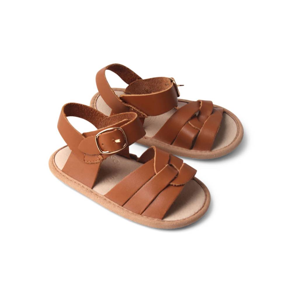 Baby feet in baby sandals on soft surface — Gingerbread Weave Leather Baby Sandal