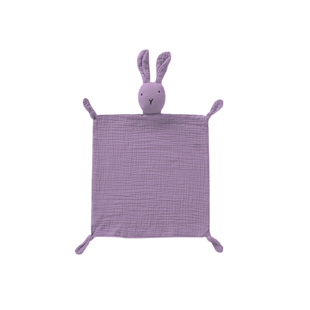 Mauve cotton muslin bunny baby comforter — Benni Bunny Cotton Baby Comforter in Mauve on white background