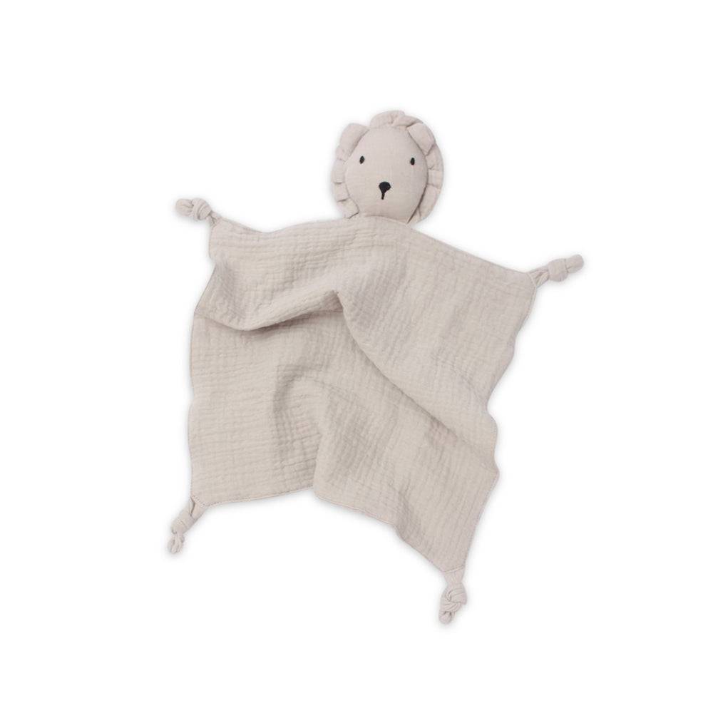 Ivory cotton muslin lion baby comforter — Cotton Baby Comforter Leo The Lion in Ivory on white background