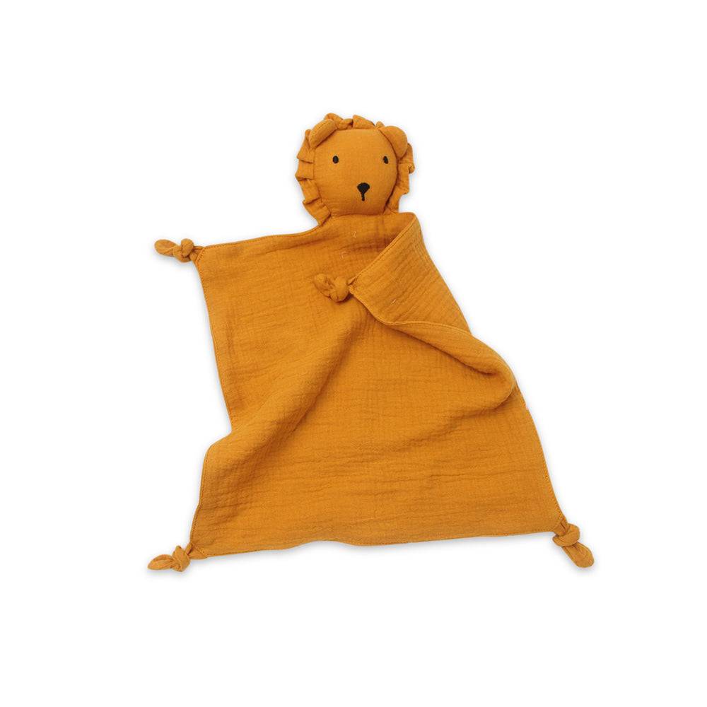 Cotton Baby Comforter Leo The Lion in Mustard — close-up showing cotton muslin texture and craftsmanship