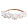 Lace floral baby headband — Delicate Baby Flower Crown with Pearls: Milk White Flower Girl Headband on white background