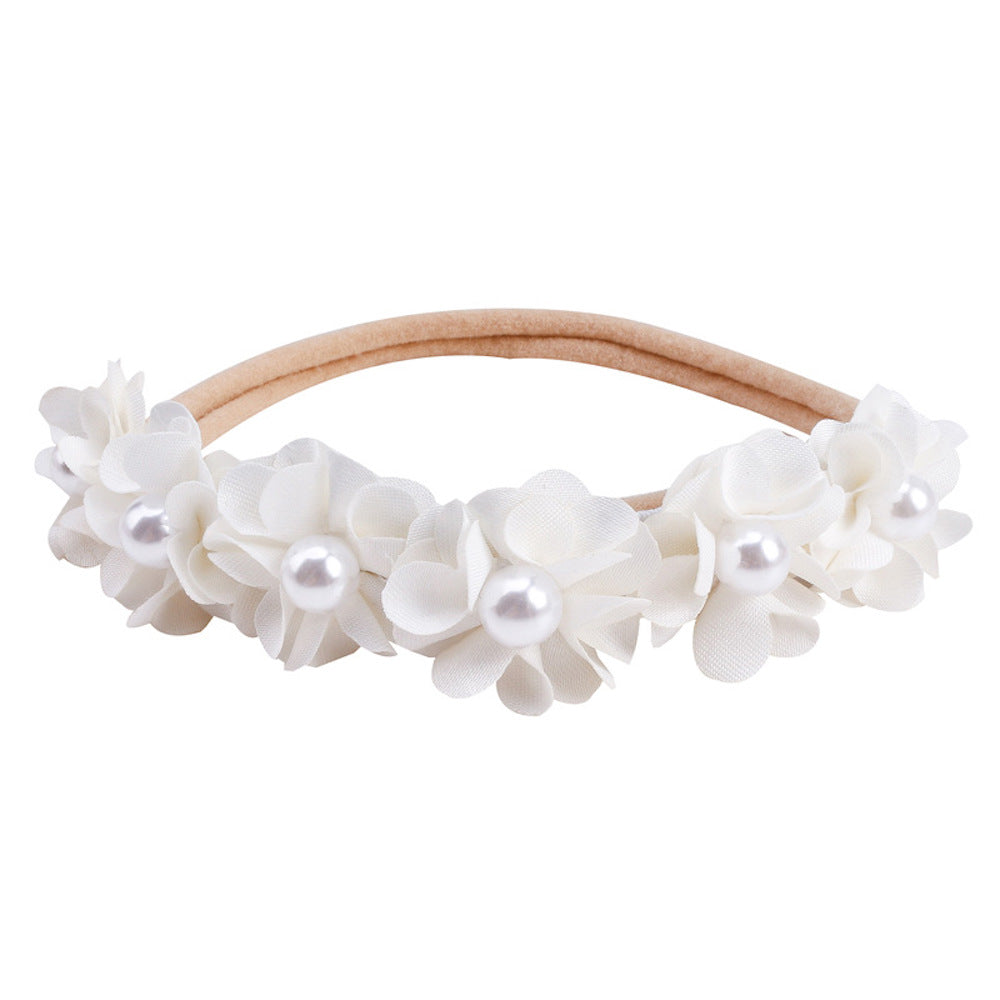 Lace floral baby headband — Delicate Baby Flower Crown with Pearls: Milk White Flower Girl Headband on white background