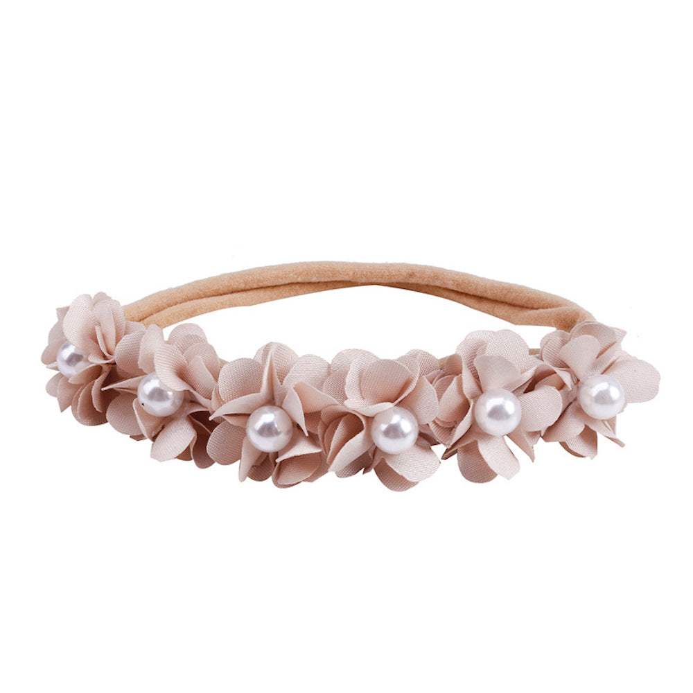 Lace floral baby headband — Delicate Baby Flower Crown with Pearls: Mistflower Flower Girl Headband on white background