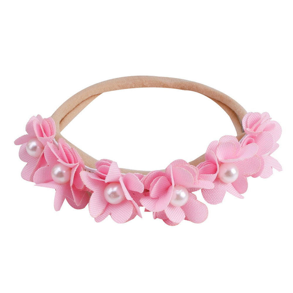 Lace floral baby headband — Delicate Baby Flower Crown with Pearls: Pink Parfait Flower Girl Headband on white background