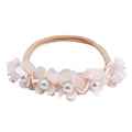 Lace floral baby headband — Delicate Baby Flower Crown with Pearls: Pink Shadow Flower Girl Headband on white background