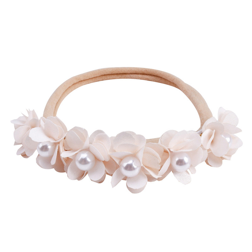 Lace floral baby headband — Delicate Baby Flower Crown with Pearls: Pink Shadow Flower Girl Headband on white background
