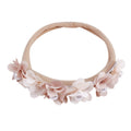 Lace floral baby headband — Delicate Baby Flower Crown with Pearls: Rose Ash Flower Girl Headband on white background