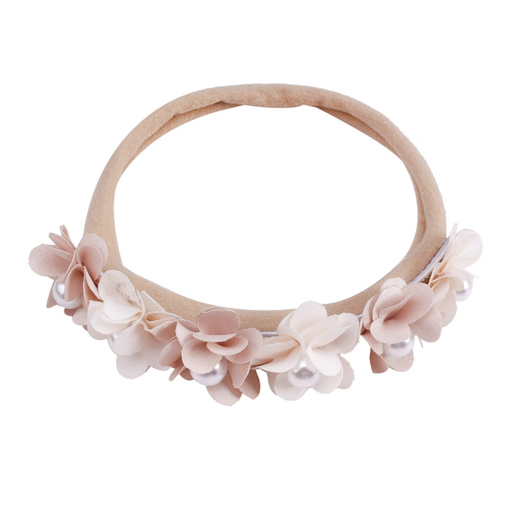 Lace floral baby headband — Delicate Baby Flower Crown with Pearls: Rose Ash Flower Girl Headband on white background