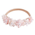 Lace floral baby headband — Delicate Baby Flower Crown with Pearls: Sunset Snow Flower Girl Headband on white background