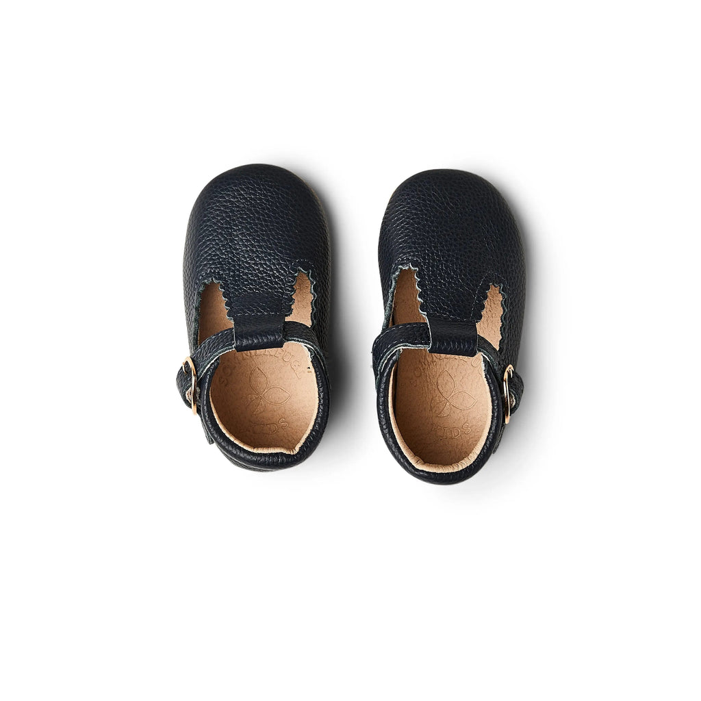Baby wearing baby shoes — Nile Blue Leather Baby T Bar Shoe