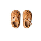 Nutmeg Wax Leather Baby Sandal — close-up showing lace texture and craftsmanship