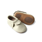Oatmeal Cookie Baby Fringed Moccasin Shoe — baby shoes sole and strap detail view