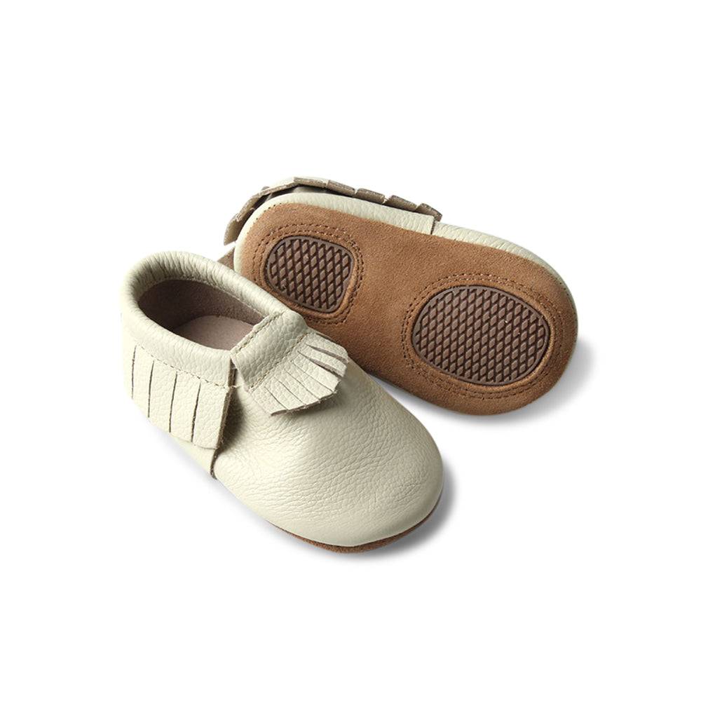 Oatmeal Cookie Baby Fringed Moccasin Shoe — baby shoes sole and strap detail view