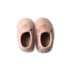 Baby wearing baby shoes — Piglet Baby Fringed Moccasin Shoe