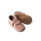 Piglet Baby Fringed Moccasin Shoe — baby shoes sole and strap detail view