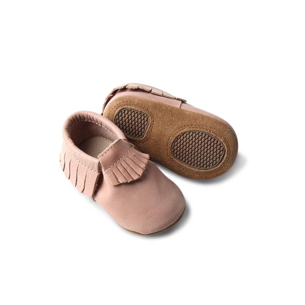 Piglet Baby Fringed Moccasin Shoe — baby shoes sole and strap detail view